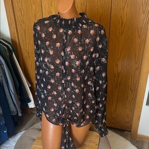 Mystree Black Sheer Floral Tie-Front Blouse